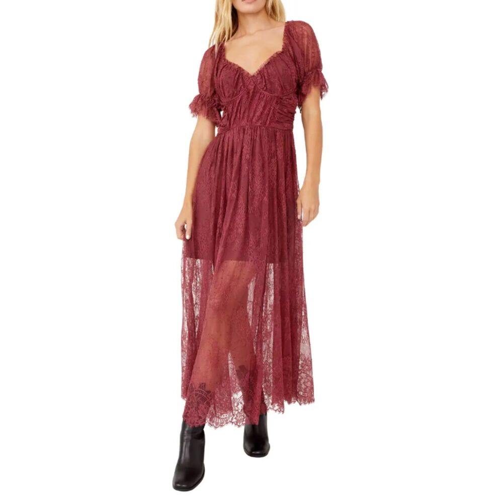 Free People Womens Lace Midi Dress Burgundy Size 8 Short Sleeve Romantic